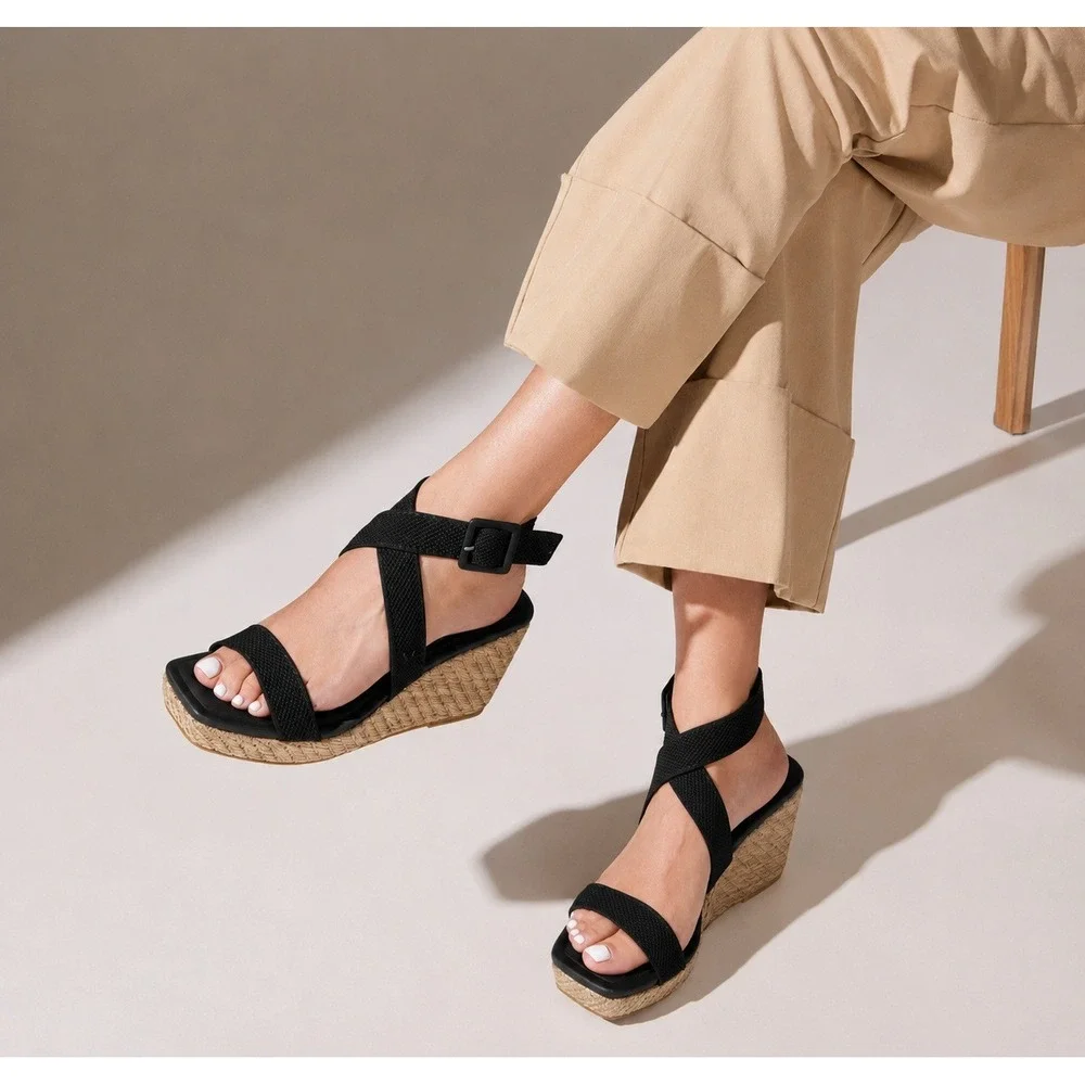 VIVAIA Lyla Black Knit Espadrille Wedge Sandals Square Toe Women Size EU 40 US 9
